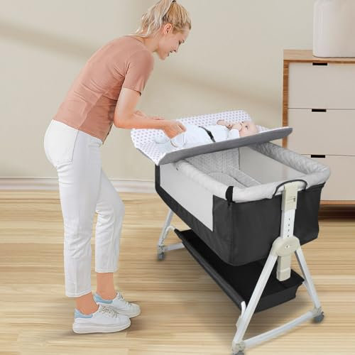 Beistellbett, Stubenwagen Babybett, mit Wickeltisch, Aufbewahrungskorb und Höhenverstellbar, Tragbares Kinderbett,Verstellbares Tragbares Bett für Säuglinge/Neugeborene (Schwarz, Mit Wickeltisch)