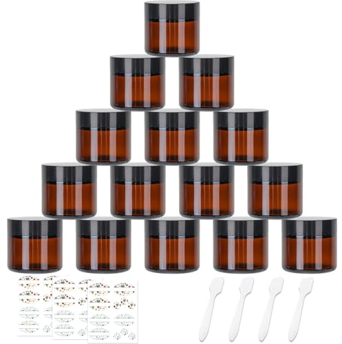 CulnCraz 15 Pack 60 ml Amber Round Glass Jars with Inner Liners, Black Lids | 2oz Empty Cosmetic Containers with Stickers for Beauty Products, Cosmetic, Lotion, Powders and Making Candles