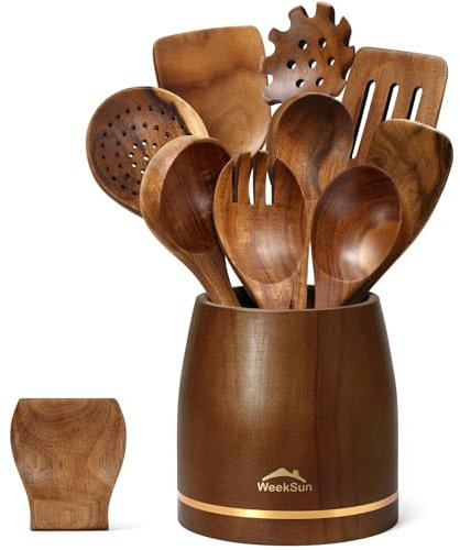 Set di 10 Posate da Utensili Cucina in Legno con Supporto, Spatola, Cucchiaio, Mestolo per Zuppe, Cucchiai per Insalata, Forchette per Insalata e Cucchiaio, Set di Utensili da Cucina in Teak, Regalo