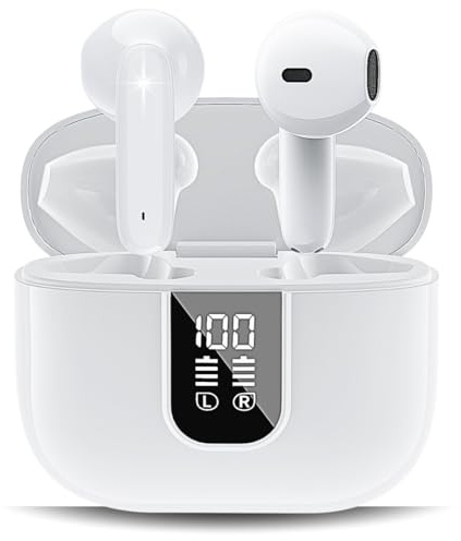 RUDTech Wireless Earbuds, Bluetooth 5.4 In-Ear Headphones with 4 ENC Noise Cancelling, HiFi Stereo Deep Bass, 42H Playtime, IPX4 Waterproof, LED Display Bluetooth Earphones (White)