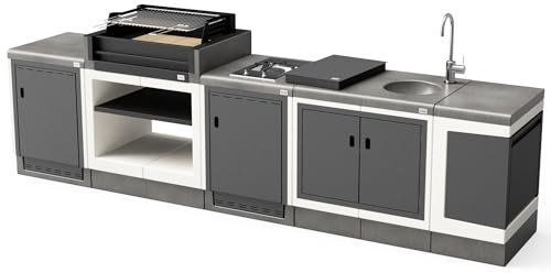 TUOZI - PACK 4 KITAWAY [F] – COCINA DE EXTERIOR KITAWAY GRILL – Barbacoa Modular con Parrilla de Acero Inoxidable, Fregadero, Soporte y Reciclaje (332 x 63 x 115 cm)