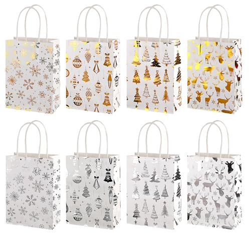 24Pcs Christmas Gifts Bags, Kraft paper Goody Bags with Handles, Gift Bags for presents, Xmas Party Favour Xmas Treat Candy Sweets Gift wrapping christmas party supplies (White Foil)