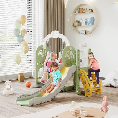LIVLUX Toboggan Enfant 6 en 1 avec Balançoire, Panier de Basket, Télescope et Échelle d'escalade, pour Aire de Jeux Intérieure et Extérieure. (Vert A)