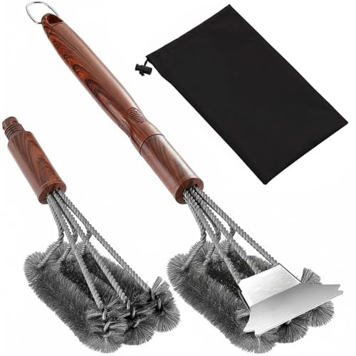 Grill Brush, BBQ Wire Brush with Stainless Steel Scraper and Non Slip Handle, Grill Scrubber with 2 Triangular Replaceable Head with Storage Bag for All Kinds of Grills
