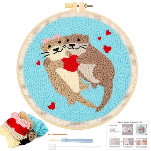 JSRQT Punch Needle Embroidery Starter Kits with Hoops Instructions Beginner Rug Hooking Pinch Craft Handcraft Tools Yarn Cute Pattern for Adults DIY Cross Stitch