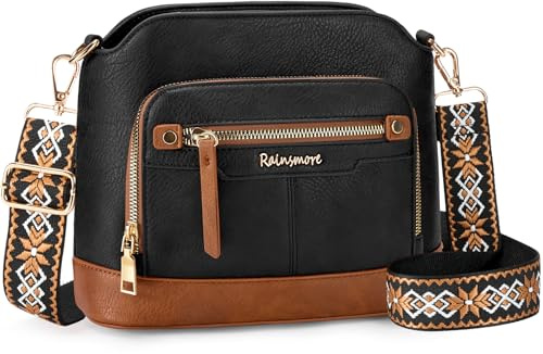 RAINSMORE Umhängetasche Damen Wasserdicht PU-Leder Mittelgroße Crossbody Bag mit Mehreren Taschen Handtaschen Damen und Schultertasche mit Verstellbarem Breitem Riemen