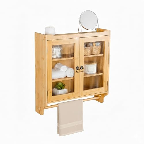 Relaxdays Bambus Hängeschrank mit Handtuchhalter, 2 Türen mit Acrylglas, HBT: ca. 63 x 60 x 18 cm, Wandschrank, Natur