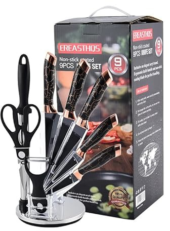 WITFAMILY 9-Piece Ceramic Coated Knife Block Set with Built-in Sharpener, High Carbon Stainless Steel Knives, Waterproof PE Block