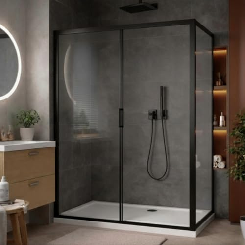 Go Bathrooms Sliding Shower Door 1200mm Black Glass Screen | Modern matt black bathroom sliding shower door with 6mm toughened safety glass screen.