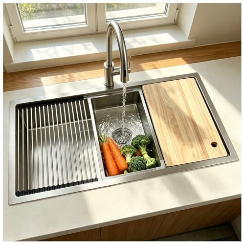 Fregadero de cocina de 90 x 50 cm, con textura mate, de acero inoxidable, 1 lavabo empotrable, con escurridor, tubo de drenaje, tabla de cortar, gran cuadrado individual, para restaurante familiar