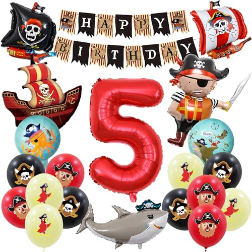 Piratenparty Luftballons 5 Jahre Set, Piraten Deko Geburtstag für Kinder | mit Folienballons Piratenschiff, Hai, Pirat & Nummer 5, Latexballons, Girlande, für Piraten Geburtstag Deko, Kindergeburtstag