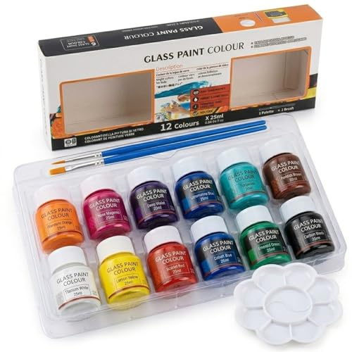 Glass Paint Set - 6/12 Colours Painting Kit with Gallery Stained Window Paint, Acrylic Enamel Paints for Painting, Ceramic, Wine Decorating DIY Arts & Crafts Starter(12 Colors)