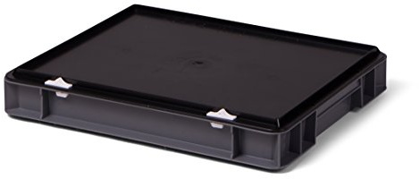 Euro-Transport-Stapelbox/Lagerbehälter, grau, mit schwarzem Verschlußdeckel, 400x300x61 mm (LxBxH), Wände u. Boden geschlossen, aus PPN