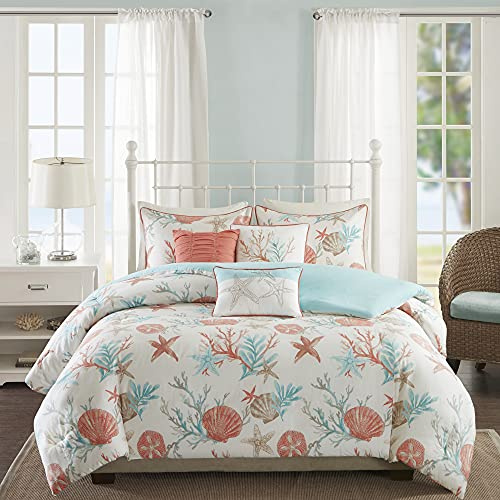 Madison Park Pebble Beach Baumwoll-Bettwäsche-Set – Küsten-, Seestern-, Meeres-Design, alle Jahreszeiten, atmungsaktiver Bettdeckenbezug, passende Kissenbezüge, dekorative Kissen, Korallenrot/Queensize-Bett (228,6 x 228,6 cm), 6-teilig
