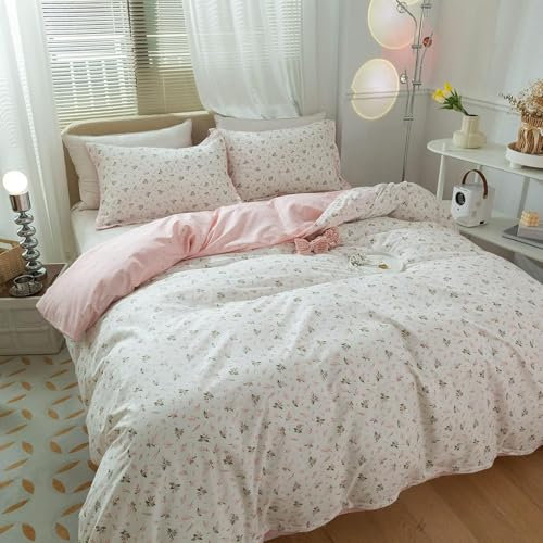 EAVD Bettwäscheset im Vintage-Stil, Garten, Rosa, Blumenmuster, Queen-Size-Bett, weich, 100% Baumwolle, weiß, rosa, Blumenmuster, Bettwäsche-Set für Mädchen und Frauen, schick, Shabby-Boho,