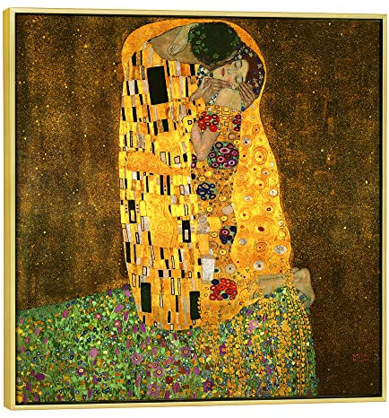 Wieco Art Kunstdruck, gerahmt, Motiv: Der Kuss, von Gustav Klimt, berühmte Ölgemälde, Reproduktionen, moderne Giclée-Leinwand, Kunstdruck, mit goldenen Bilderrahmen, Heimdekoration, KISS-60x60-GF