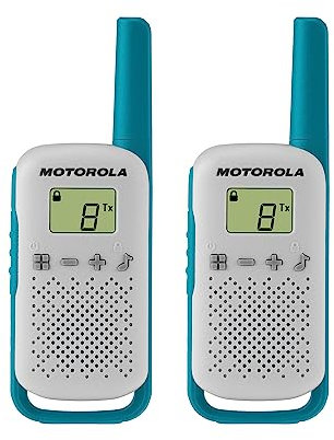 Motorola Solutions, FRS portátil, T114, Talkabout, radios bidireccionales, funciona con pilas, 22 canales, 16 millas, blanco/azul, paquete de 2