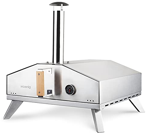 H.Koenig Forno a gas per pizza GINO536, Acciaio inox, Superficie 40x40 cm, Pietra in Cordierite, fino a 450°C, Porta e camino rimovibili, Termometro incorporato, Paletta per pizza incorporata