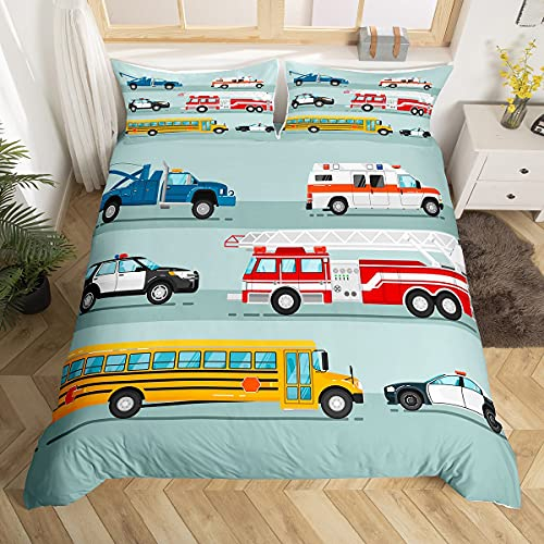 Auto Bus Bettwäsche-Set,Cartoon Ambulance Feuerwehrwagen Bettwäsche Set 135x200cm,Polizeiwagen Verschiedene Fahrzeuge Betten Set für Kinder Jungen Mädchen Teenager 2St.Reißverschluss Mikrofaser