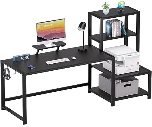 GreenForest Computer Desk 67 inch with Printer Shelf, Reversible Office Desk with Monitor Stand and 2 Hooks, Home Workstation for Study Writing Working Gaming, Black