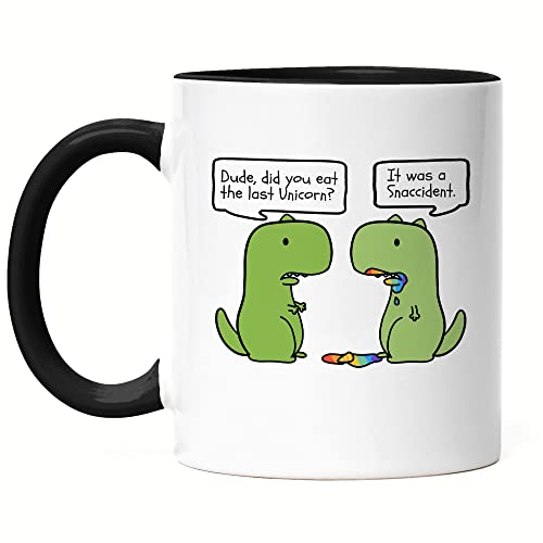 Hey!Print T-Rex frisst Einhorn Tasse Schwarz Lustiges Dinosaurier Einhorn Dino Fun Geschenk Ironie Sarkasmus