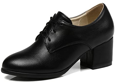 MJIASIAWA Mujer Comodo Casual Cordones Tacón Ancho Zapatos Comodo Closed Toe Formal Formal Trabajo Oxford Pump Negro Talla 39 EU/40 Asiática