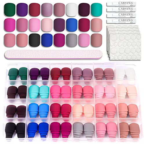 LADYING 24 Color (576 PCS) Matte Square Press on Nails Short,Colorful False Nails Short with Nail File,Reusable Stick on Nails for Women,Nail Art French for Squoval Fake Nail