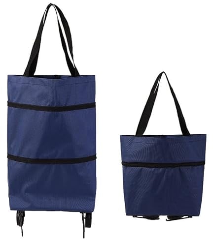 Collapsible Trolley Bags Shopping Bag Oxford Cloth Foldable Shopping Bag with Wheels Shopping Cart for Home Supermarket (Indigo)