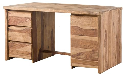 Massivmoebel24.de | Pure Sheesham Schreibtisch aus Massivholz #210 | aus Sheeshamholz - Natur, lackiert/sandgestrahlt | 150x75x78 cm | 2 Fächer & 3 Schubladen |Bürotisch Holzschreibtisch Arbeitstisch