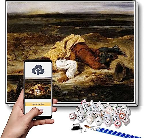 Eugene Delacroix Zahlenmalerei für Erwachsene, Motiv: Ein tödlich verwundeter Brigand, stillt seinen Durst, Gemälde von Eugene Delacroix, Kunsthandwerk für Wanddekoration