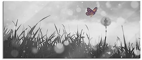Pixxprint Glasbild Panorama, Wandbild aus Echtglas, Schmetterling fliegt zu Pusteblume, 120x50 cm, inkl. Aufhängung und Abstandshalter