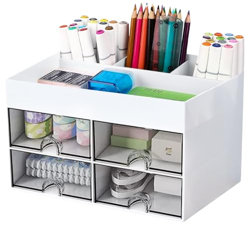 Desk Supplies Organisers, Desk Organiser with 4 Drawers White, Multifunctional Desk Organiser, DIY Desk Accessories Decor Pen Holder, Drawers Desktop Stationery Storage Box for Office School Home