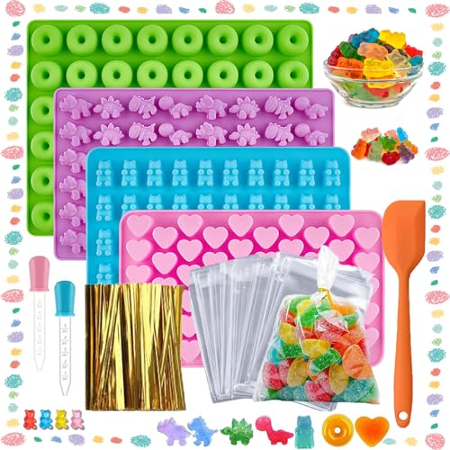 4 Stück Gummibärchen Silikonformen, Mini-Bär-Silikonform, Süßigkeiten-Silikon-Backform, Pralinenformen, Antihaft-Silikonformen für Einschließlich Gummibärchen, Herz, Dinosaurierform, Krapfen