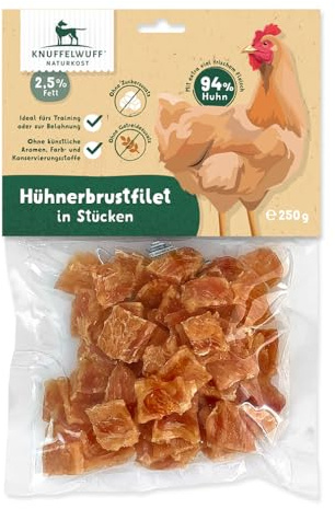 Knuffelwuff Hühnerbrustfilet in Stückchen | Luftgetrocknete, proteinreicher Belohnung mit 94% Huhn | wiederverschliessbar | Trainingssnack für große und kleine Hunde