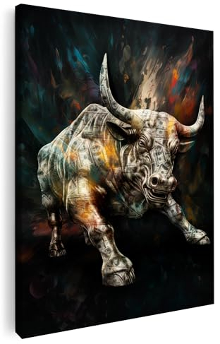 Artmazing | Stier Bild bunt | Bild Stier | S-Art Bilder | Stierbilder Modern | Coole Wandbilder Wohnzimmer | Wandbild Stier Deko XXL | Bild Leinwand XXL | Buntes Poster für Wand