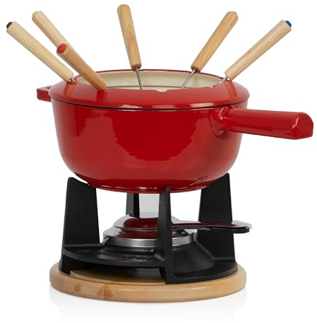 Mahlzeit Service à Fondue en Fonte pour 6 Personnes | 2 litres | Service à Fondue à 13 pièces avec brûleur et fourchettes | Service à Fondue Chocolat, Fondue bourguignonne (Rouge émaillé)