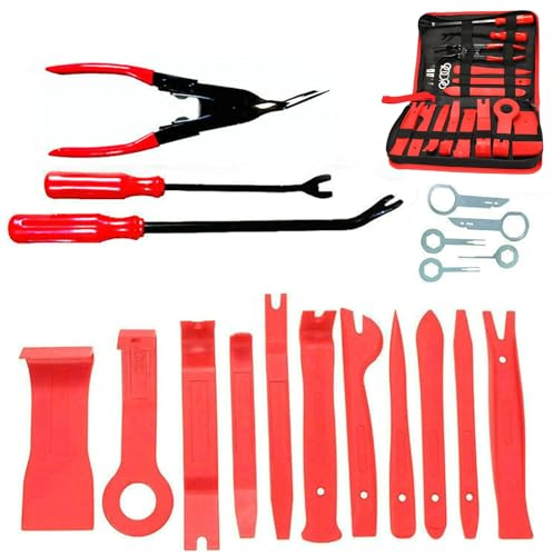 Helweet Kit Smontaggio Pannelli Auto, Strumento di Rimozione Pannelli, Cunei di Plastica Leve Kit, Set di Strumenti per La Rimozione, per Smontare Pannello Interno Auto Radio, 19 Pezzi, Rosso