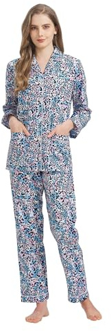 Amaxer Pigiama da Donna in Due Pezzi Set Pigiama in Cotone Set da Notte da Notte a Maniche Lunghe Tuta da Notte e Pantaloni del Pigiama Set da Salotto,Stampa Leopardata Blu Polvere,S