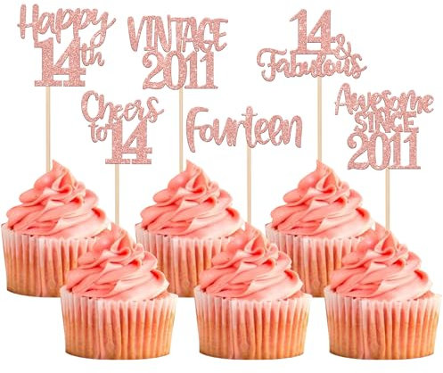 Rsstarxi Lot de 24 décorations de cupcakes à paillettes « Happy 14th Birthday » - 14 fabuleux pics à cupcakes vintage 2010 - Pour 14e anniversaire de mariage - Or rose