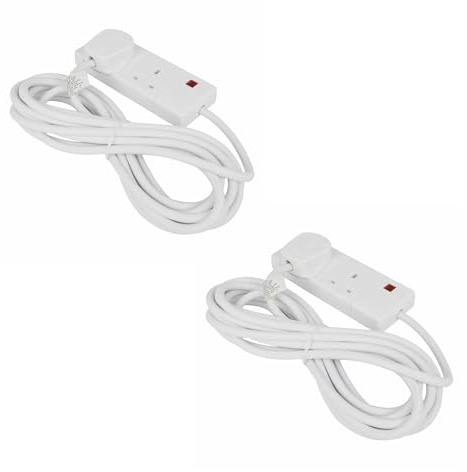 Bargain House Two Socket Extension Lead 6m White, Neon Indicator, Lightweight Design, Long Electric Extension Cable, Multi Plug Adapter Electrical Cords for Home, Offices, Salon (Pack of 2)