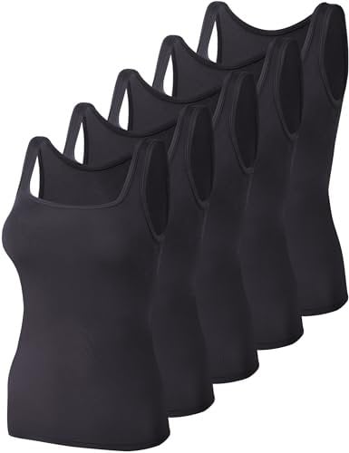 BQTQ 5 Pcs Tank Tops for Women Square Neck Sleeveless Undershirt Vest Tops Black Vests for Women and Girls, L
