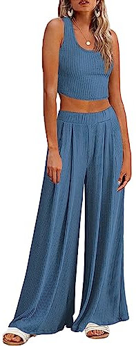 Ekouaer Damen Schlafanzug Lang Ärmellos Pyjama Set Lang Hose Chic Outfit Casual Loungewear für Frau Blau M