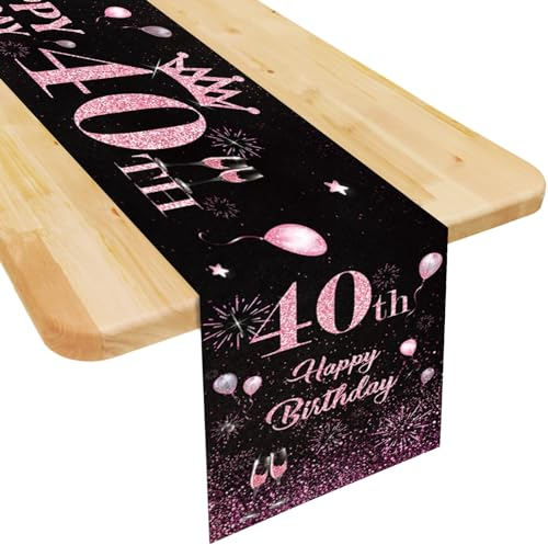 Tischläufer 40. Geburtstag Frau Schwarz Rosa Happy 40th Birthday Tischband zum 40 Geburtstag Frauen Ihr Geburtstag Feier Party Dinner Tisch Leinen Tuch Tischdecke Deko Zuhause Küche, 180x35 cm Lang