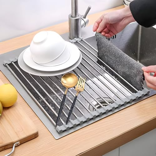 Maxter Escurreplatos Sobre Fregadero Plegable Acero Inoxidable 37 x 30 cm (MEDIANO) - Escurridor de Platos y Cubiertos para Fregadero con Rejilla Enrollable