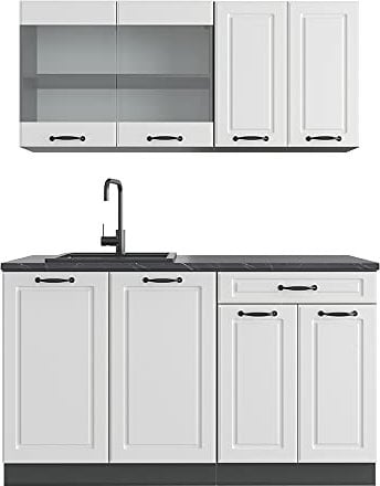 Vicco Singleküche R-Line, Weiß Landhaus/Anthrazit, 140 cm, AP Anthrazit