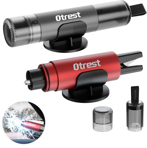 OTREST 2 Pack Car Safety Hammers, 2 In 1 One Second Car Glass Breaker & Seat Belt Cutter, Multifunctional Automobile Window Breaker Emergency Escape Tool with Sticky Wall Holder AP001E, Red + Silver