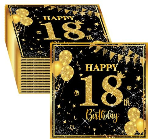 Lucktao 40 Stück Servietten 18. Geburtstag Junge,Schwarz Gold Papier Party Servietten Tischdeko für 18. Geburtstag Junge Mädchen Happy Birthday Servietten Decorations,33 x 33cm