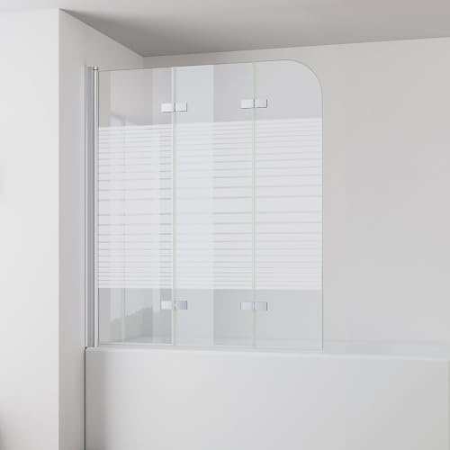IMPTS 120x140cm Duschwand für Badewanne 3 teilig, Badewanne Glaswand Faltwand mit Streifen Milchglas, Duschtrennwand Faltbar Badewannenaufsatz Duschglaswand mit 6mm Nano Sicherheitsglas