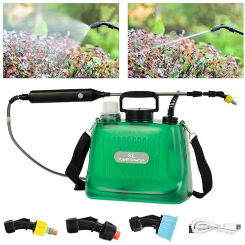 Pulverizador a Presión de 8L, Pulverizador Eléctrico de Jardín con 3 Boquillas de Niebla Ajustables, Varilla Retráctil, Correa de Hombro Ajustable, Pulverizador a Bateria con Mango de Carga
