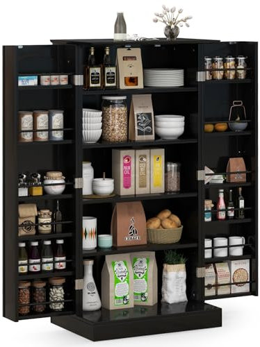 GOPLUS Armario de Cocina, Mueble Auxiliar Cocina con 2 Puertas y 17 Estantes, Armario Despensa Cocina con Protección Basculante para Comedor, Sala de Estar (Negro)